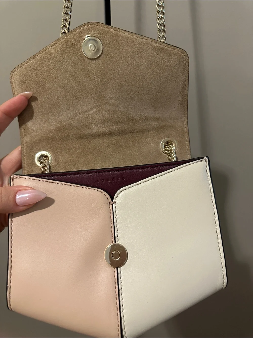 Sandro Lou Calf Leather Crossbody Bag in Burgundy and Cream with Chain Strap